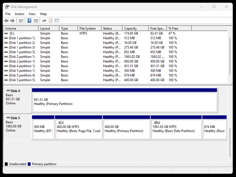 Windows Disk Management application showing my connected disks and partitions.