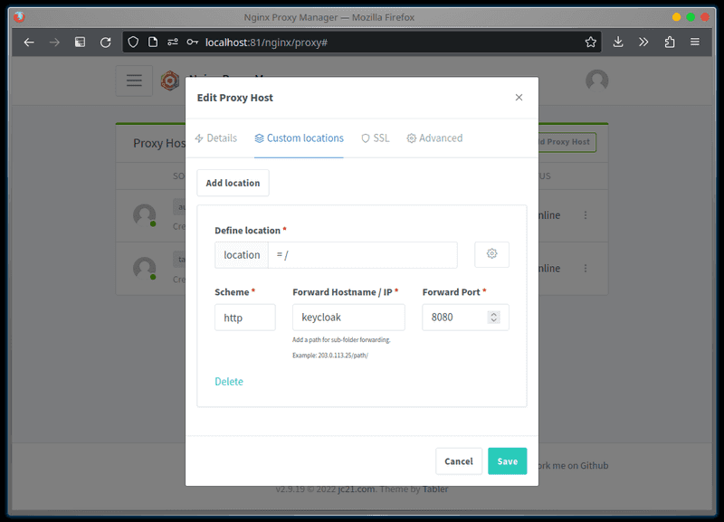 A screenshot showing the 'Custom Locations' tab for the Keycloak host in NPM.