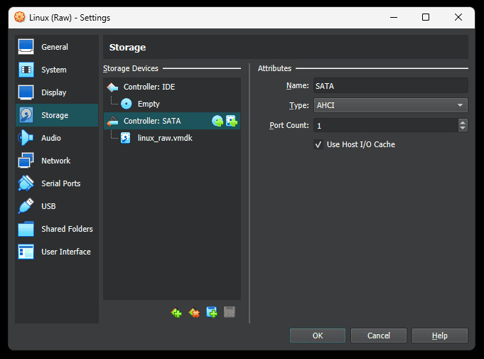 Screenshot showing the virtual machine Storage settings.