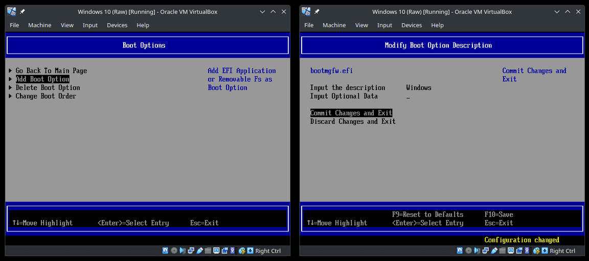VirtualBox windows showing the boot options/settings.