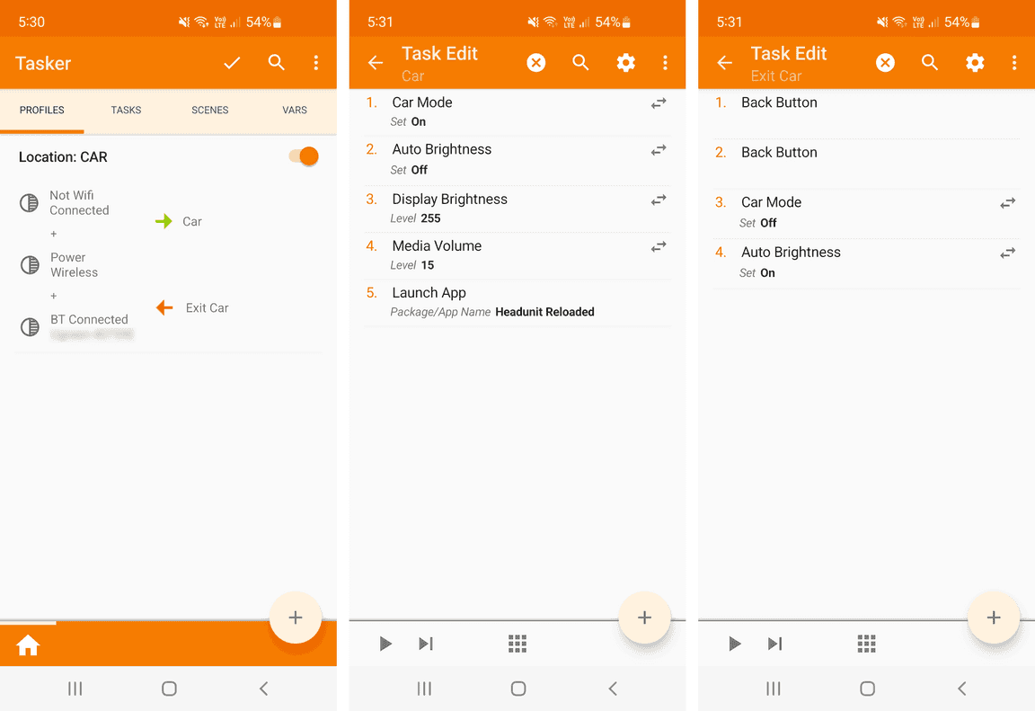 Three screenshots of my Tasker configuration showing the car profile and tasks.