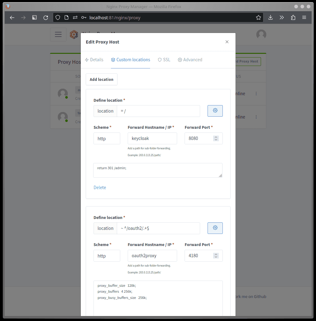 Screenshot showing two 'Custom locations' in the 'Edit Proxy Host' dialog inside the NPM dashboard.