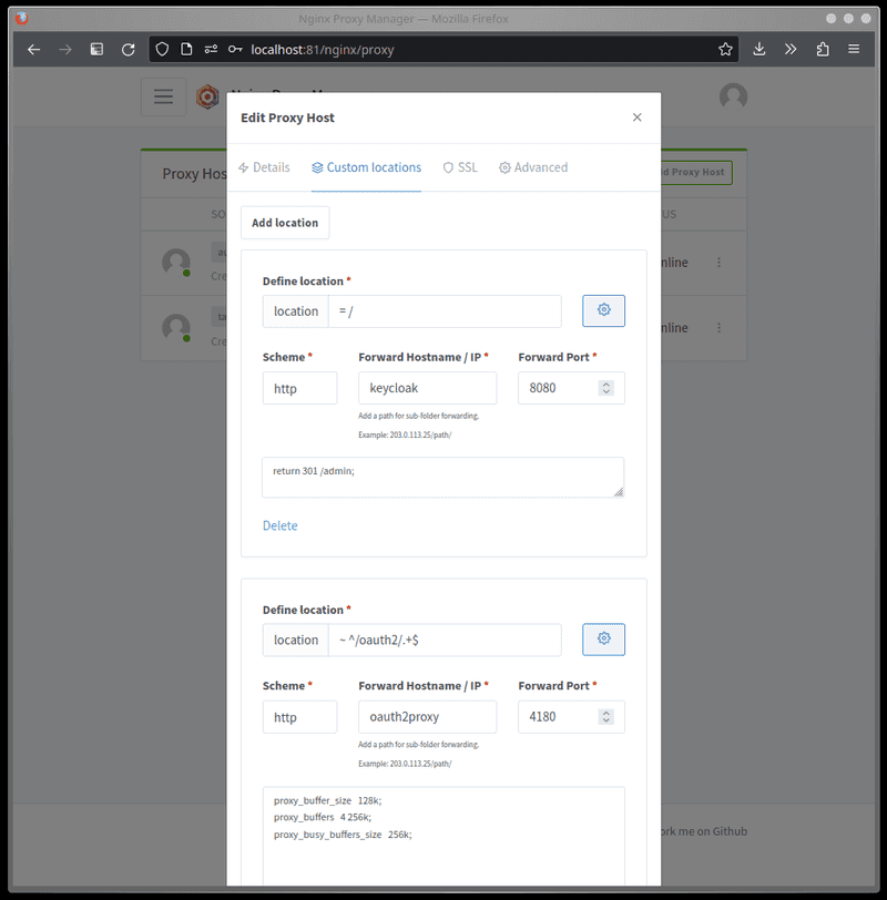 Screenshot showing two 'Custom locations' in the 'Edit Proxy Host' dialog inside the NPM dashboard.