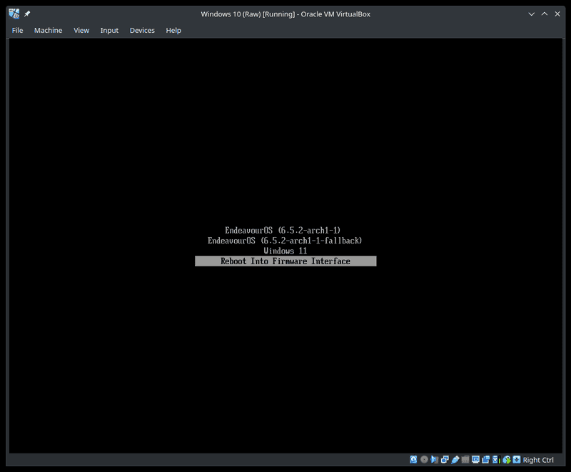 VirtualBox window showing the boot menu.