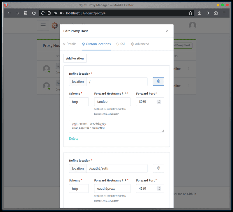 Screenshot showing two 'Custom locations' in the 'Edit Proxy Host' dialog inside the NPM dashboard.