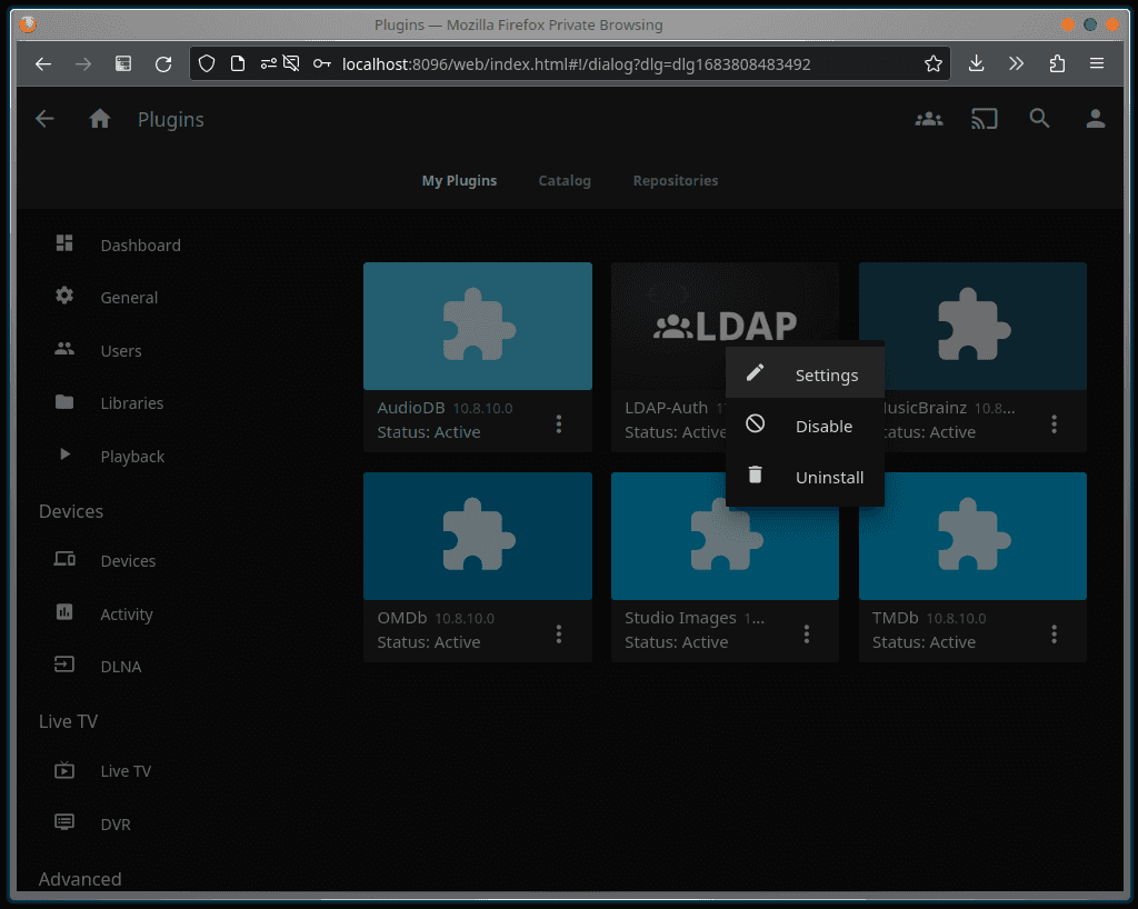 Screenshot of the Jellfin Plugins page showing the "LDAP-Auth" plugin.