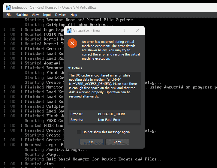 Screenshot showing the boot error