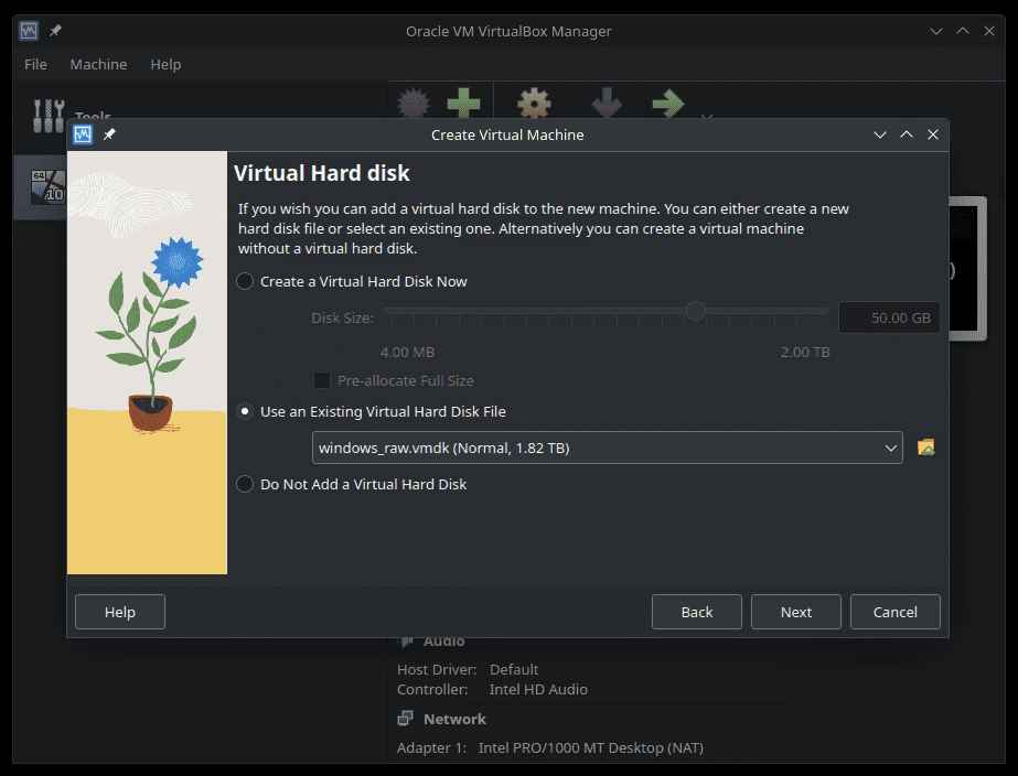 VirtualBox setup wizard allowing selection of a Virtual Hard Disk file.